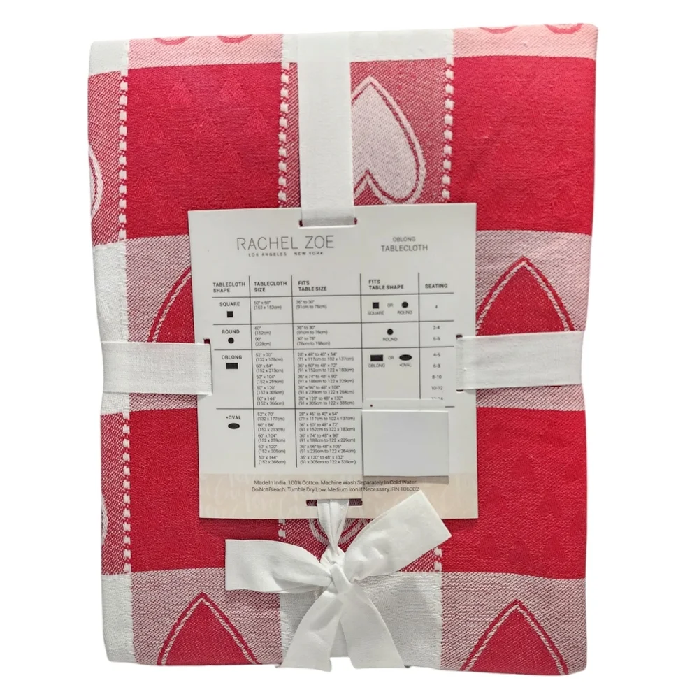Rachel Zoe Red And White Hearts Woven Check‎ Cotton Tablecloth 60x84in Oblong